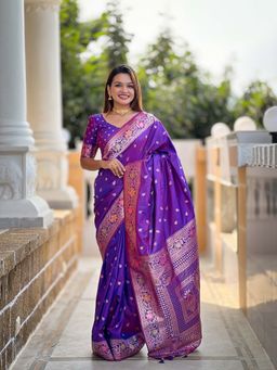 Vedant Vastram - Soft Litchi Silk Banarasi Purple Saree with Unstitched Blouse