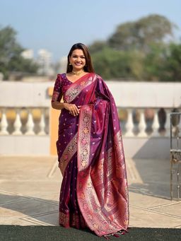 Vedant Vastram - Soft Litchi Silk Banarasi Purple Saree with Unstitched Blouse
