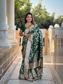 Vedant Vastram - Soft Litchi Silk Banarasi Green Saree with Unstitched Blouse