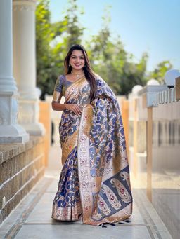 Vedant Vastram - Soft Litchi Silk Banarasi Grey Saree with Unstitched Blouse