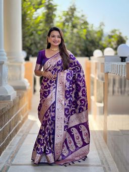 Vedant Vastram - Soft Litchi Silk Banarasi Purple Saree with Unstitched Blouse