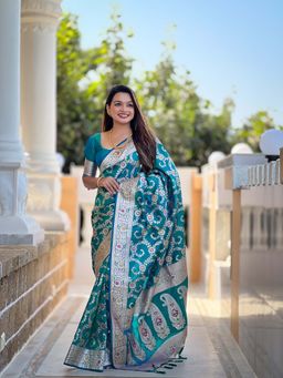 Vedant Vastram - Soft Litchi Silk Banarasi Teal Saree with Unstitched Blouse