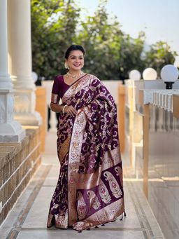 Vedant Vastram - Soft Litchi Silk Banarasi Purple Saree with Unstitched Blouse