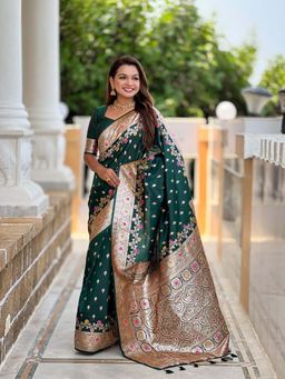 Vedant Vastram - Soft Litchi Silk Banarasi Green Saree with Unstitched Blouse