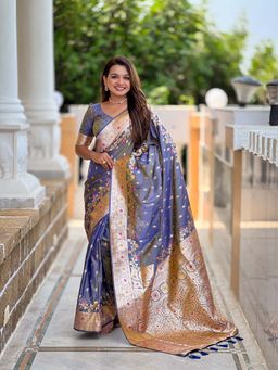 Vedant Vastram - Soft Litchi Silk Banarasi Grey Saree with Unstitched Blouse