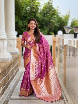 Vedant Vastram - Soft Litchi Silk Banarasi Purple Saree with Unstitched Blouse