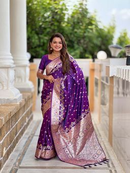 Vedant Vastram - Soft Litchi Silk Banarasi Purple Saree with Unstitched Blouse