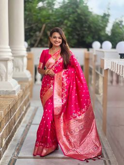 Vedant Vastram - Soft Litchi Silk Banarasi Pink Saree with Unstitched Blouse