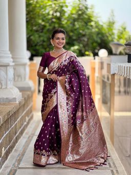 Vedant Vastram - Soft Litchi Silk Banarasi Purple Saree with Unstitched Blouse