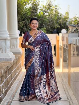 Vedant Vastram - Soft Litchi Silk Banarasi Navy Blue Saree with Unstitched Blouse