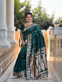 Vedant Vastram - Soft Litchi Silk Banarasi Green Saree with Unstitched Blouse