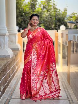 Vedant Vastram - Soft Litchi Silk Banarasi Pink Saree with Unstitched Blouse