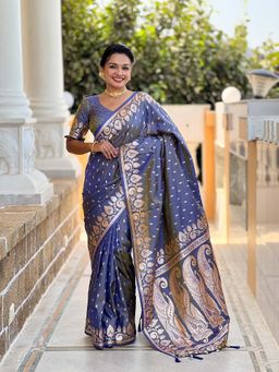 Vedant Vastram - Soft Litchi Silk Banarasi Grey Saree with Unstitched Blouse