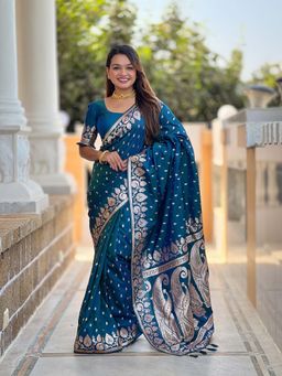 Vedant Vastram - Soft Litchi Silk Banarasi Teal Saree with Unstitched Blouse