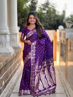 Vedant Vastram - Soft Litchi Silk Banarasi Purple Saree with Unstitched Blouse