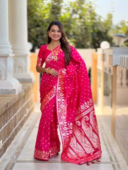 Vedant Vastram - Soft Litchi Silk Banarasi Pink Saree with Unstitched Blouse