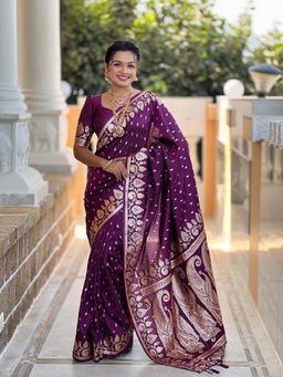 Vedant Vastram - Soft Litchi Silk Banarasi Purple Saree with Unstitched Blouse