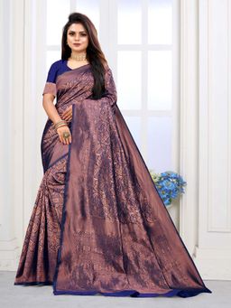 Vedant Vastram - Litchi Silk Designer Banarasi Navy Blue Saree with Unstitched Blouse