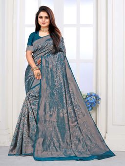 Vedant Vastram - Litchi Silk Designer Banarasi Teal Saree with Unstitched Blouse