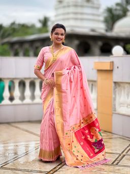 Vedant Vastram - Soft Litchi Silk Paithani Jacquard Pink Saree with Unstitched Blouse