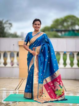 Vedant Vastram - Soft Litchi Silk Paithani Jacquard Blue Saree with Unstitched Blouse