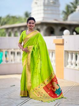 Vedant Vastram - Soft Litchi Silk Paithani Jacquard Green Saree with Unstitched Blouse