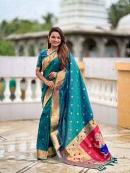 Vedant Vastram - Soft Litchi Silk Paithani Jacquard Teal Saree with Unstitched Blouse
