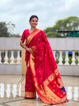 Vedant Vastram - Soft Litchi Silk Paithani Jacquard Pink Saree with Unstitched Blouse
