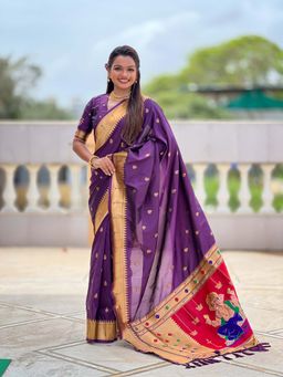 Vedant Vastram - Paithani Jacquard Purple Saree with Unstitched Blouse