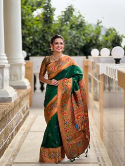 Vedant Vastram - Soft Litchi Silk Paithani Jacquard Green Saree with Unstitched Blouse