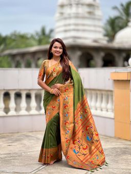 Vedant Vastram - Soft Litchi Silk Paithani Jacquard Olive Saree with Unstitched Blouse