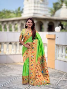 Vedant Vastram - Soft Litchi Silk Paithani Jacquard Green Saree with Unstitched Blouse
