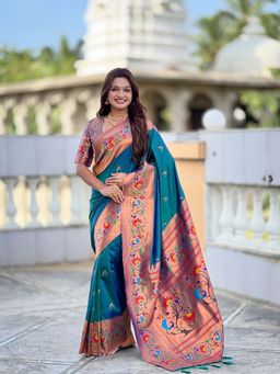 Vedant Vastram - Soft Litchi Silk Paithani Jacquard Teal Saree with Unstitched Blouse