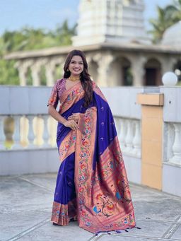 Vedant Vastram - Paithani Jacquard Navy Blue Saree with Unstitched Blouse