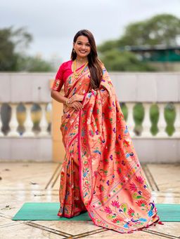Vedant Vastram - Soft Litchi Silk Paithani Jacquard Pink Saree with Unstitched Blouse