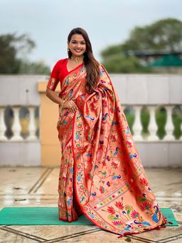 Vedant Vastram - Soft Litchi Silk Paithani Jacquard Red Saree with Unstitched Blouse