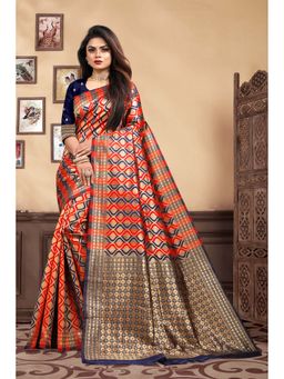 Vedant Vastram - Litchi Silk Designer Banarasi Navy Blue Saree with Unstitched Blouse