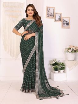 Vedant Vastram - Georgette Sequin Work Green Saree with Unstitched Blouse