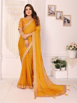 Vedant Vastram - Georgette Sequin Work Mustard Saree with Unstitched Blouse