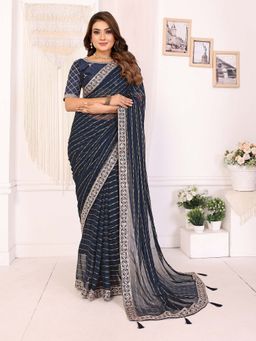 Vedant Vastram - Georgette Sequin Work Navy Blue Saree with Unstitched Blouse