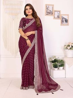 Vedant Vastram - Georgette Sequin Work Purple Saree with Unstitched Blouse