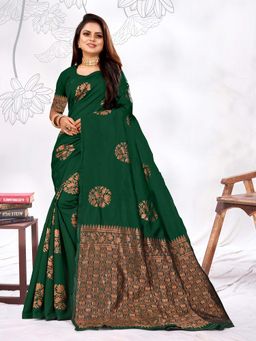 Vedant Vastram - Litchi Silk Designer Banarasi Green Saree with Unstitched Blouse