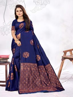 Vedant Vastram - Litchi Silk Designer Banarasi Navy Blue Saree with Unstitched Blouse