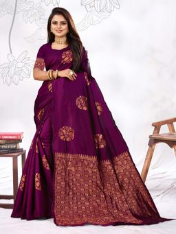 Vedant Vastram - Litchi Silk Designer Banarasi Purple Saree with Unstitched Blouse