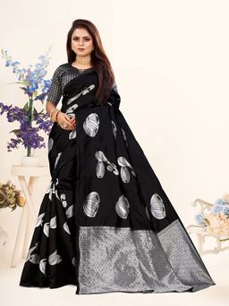 Vedant Vastram - Litchi Silk Designer Banarasi Black Saree with Unstitched Blouse