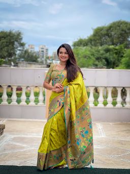 Vedant Vastram - Soft Litchi Silk Paithani Jacquard Olive Saree with Unstitched Blouse
