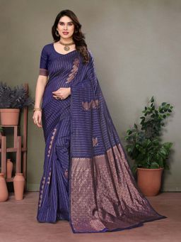 Vedant Vastram - Litchi Silk Banarasi Navy Blue Saree with Unstitched Blouse