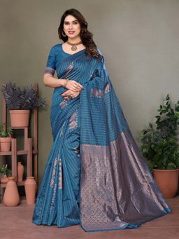 Vedant Vastram - Litchi Silk Banarasi Teal Saree with Unstitched Blouse