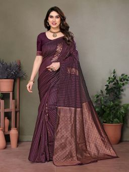 Vedant Vastram - Litchi Silk Banarasi Wine Saree with Unstitched Blouse