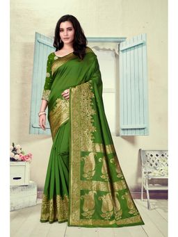 Vedant Vastram - Litchi Silk Designer Banarasi Green Saree with Unstitched Blouse